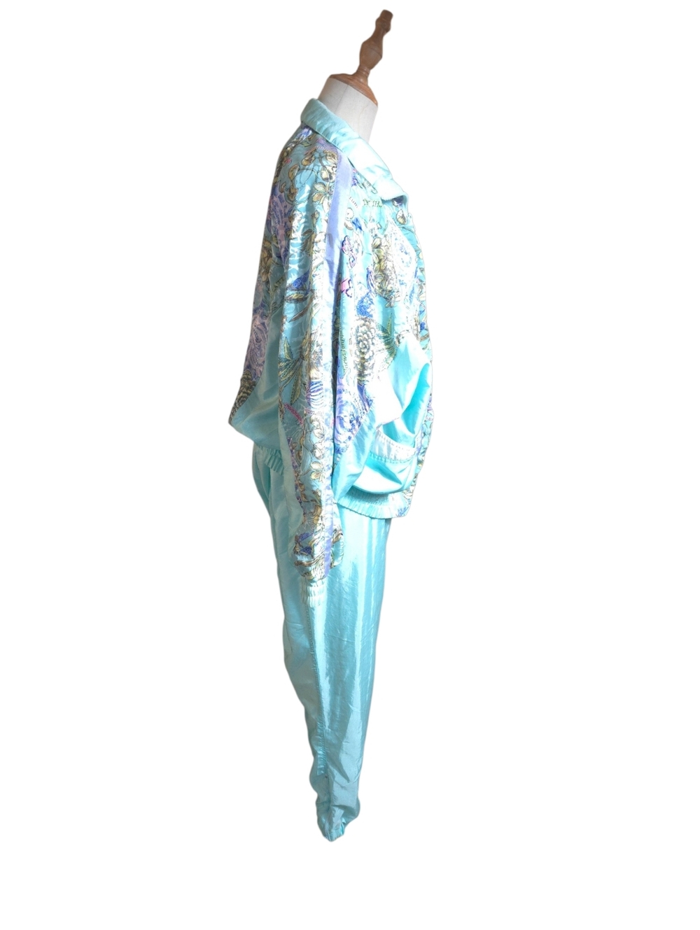 Clipper Bay Vintage Grandma Aqua Pastel Floral Track Suit Jacket & Pants - Picture 4 of 11